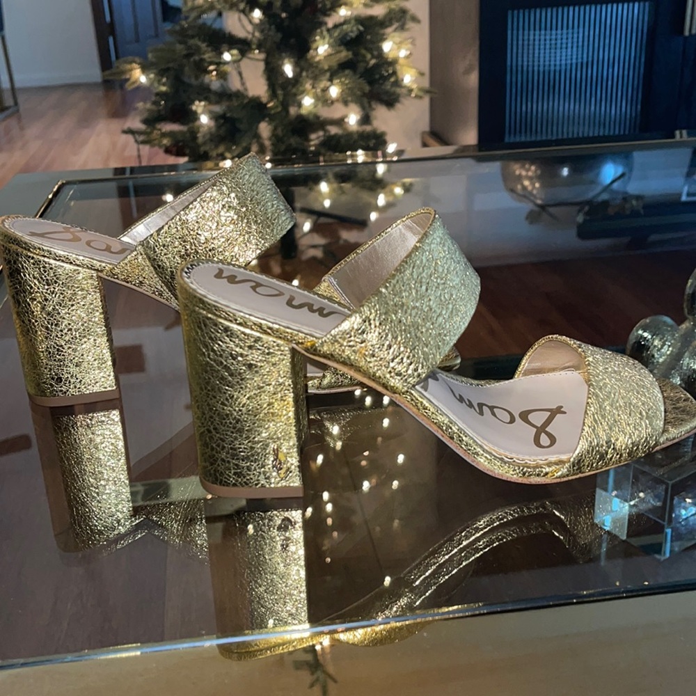 Sam Edelman bright gold leather heeled mules/sandals